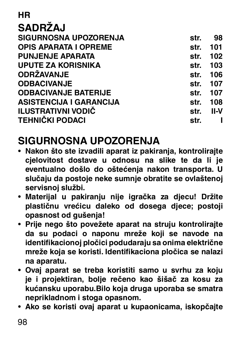 Sadržaj, Sigurnosna upozorenja | Imetec HI MAN EXPERT HC7 200 User Manual | Page 105 / 128