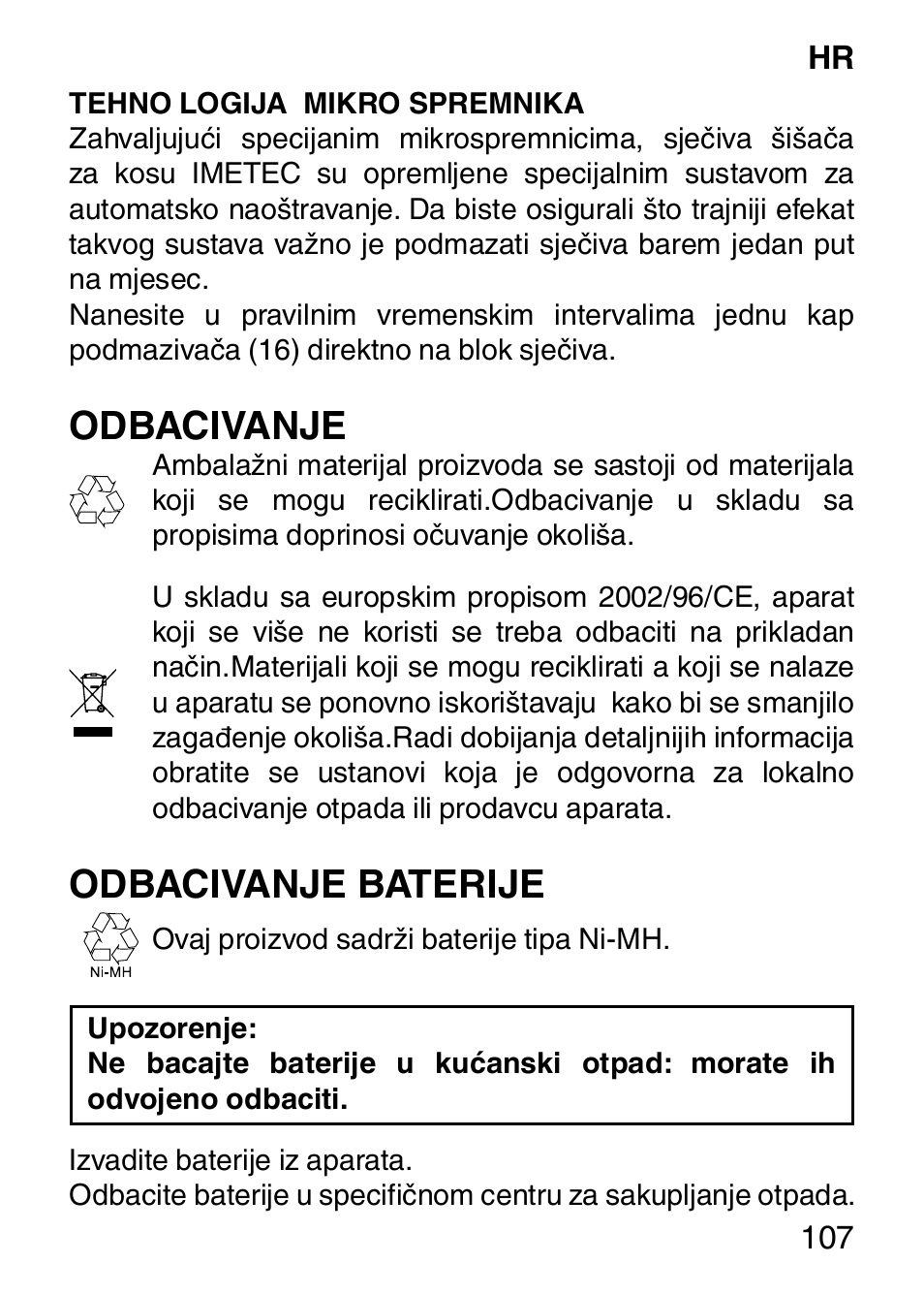 Odbacivanje, Odbacivanje baterije | Imetec HI MAN EXPERT HC7 200 User Manual | Page 114 / 128