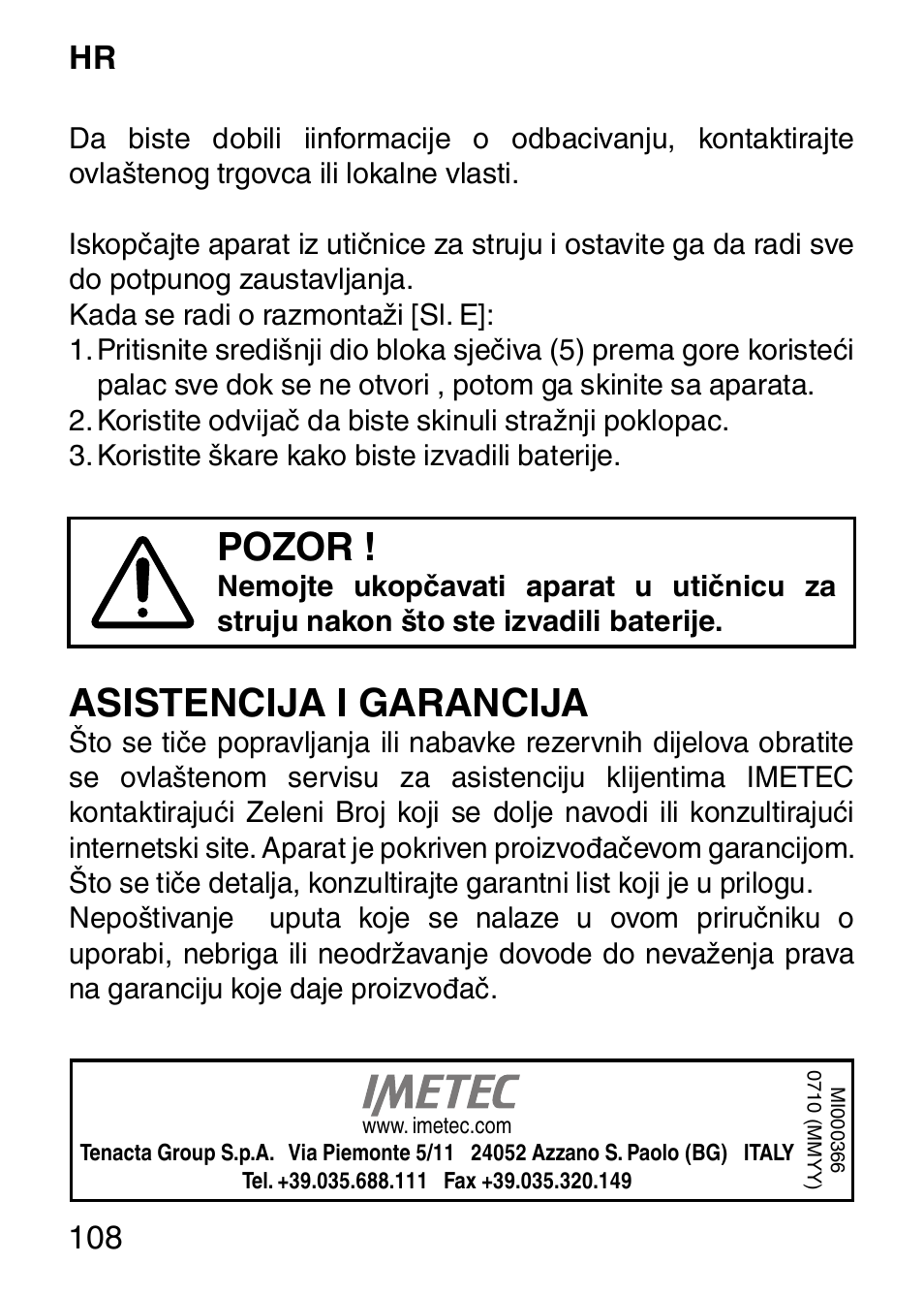 Pozor, Asistencija i garancija, 108 hr | Imetec HI MAN EXPERT HC7 200 User Manual | Page 115 / 128
