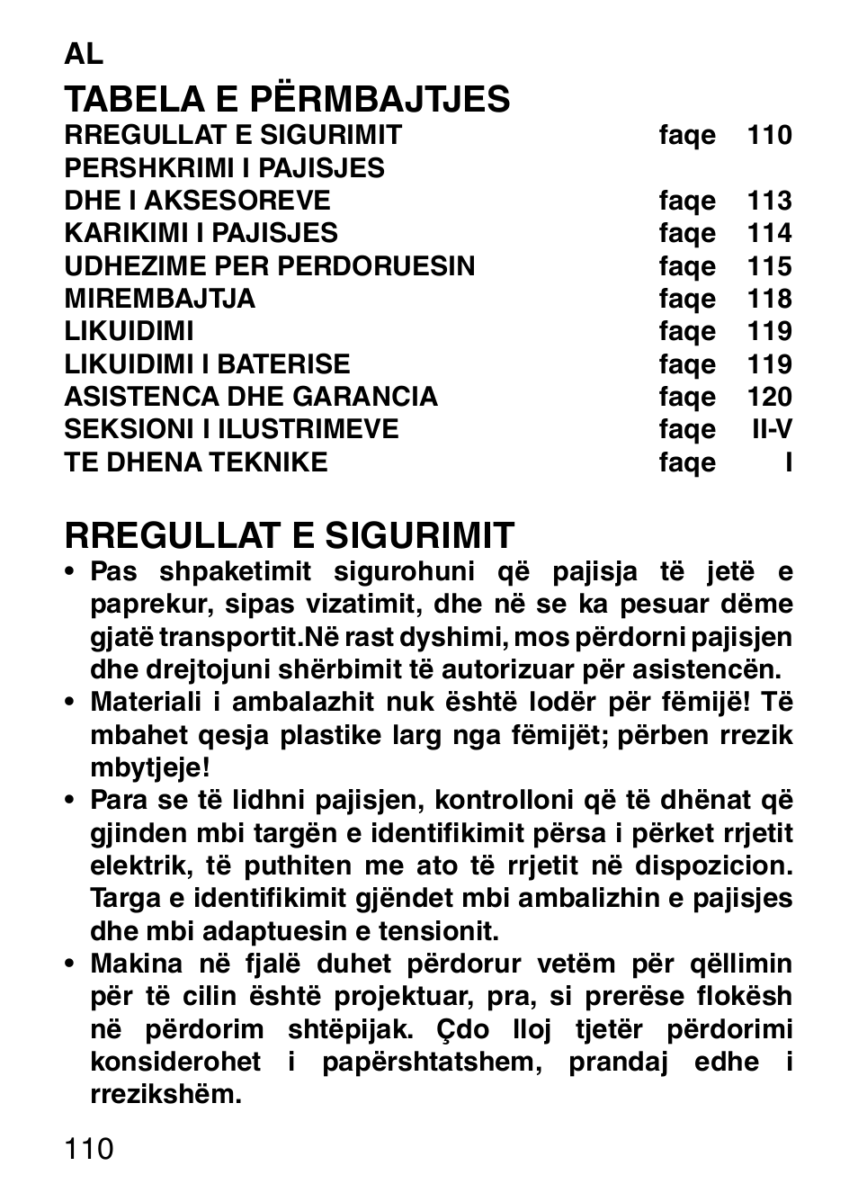 Tabela e përmbajtjes, Rregullat e sigurimit | Imetec HI MAN EXPERT HC7 200 User Manual | Page 117 / 128