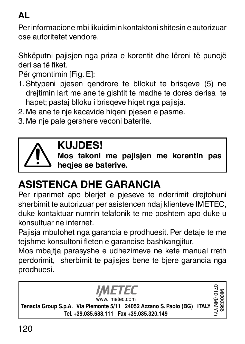 Kujdes, Asistenca dhe garancia, 120 al | Imetec HI MAN EXPERT HC7 200 User Manual | Page 127 / 128