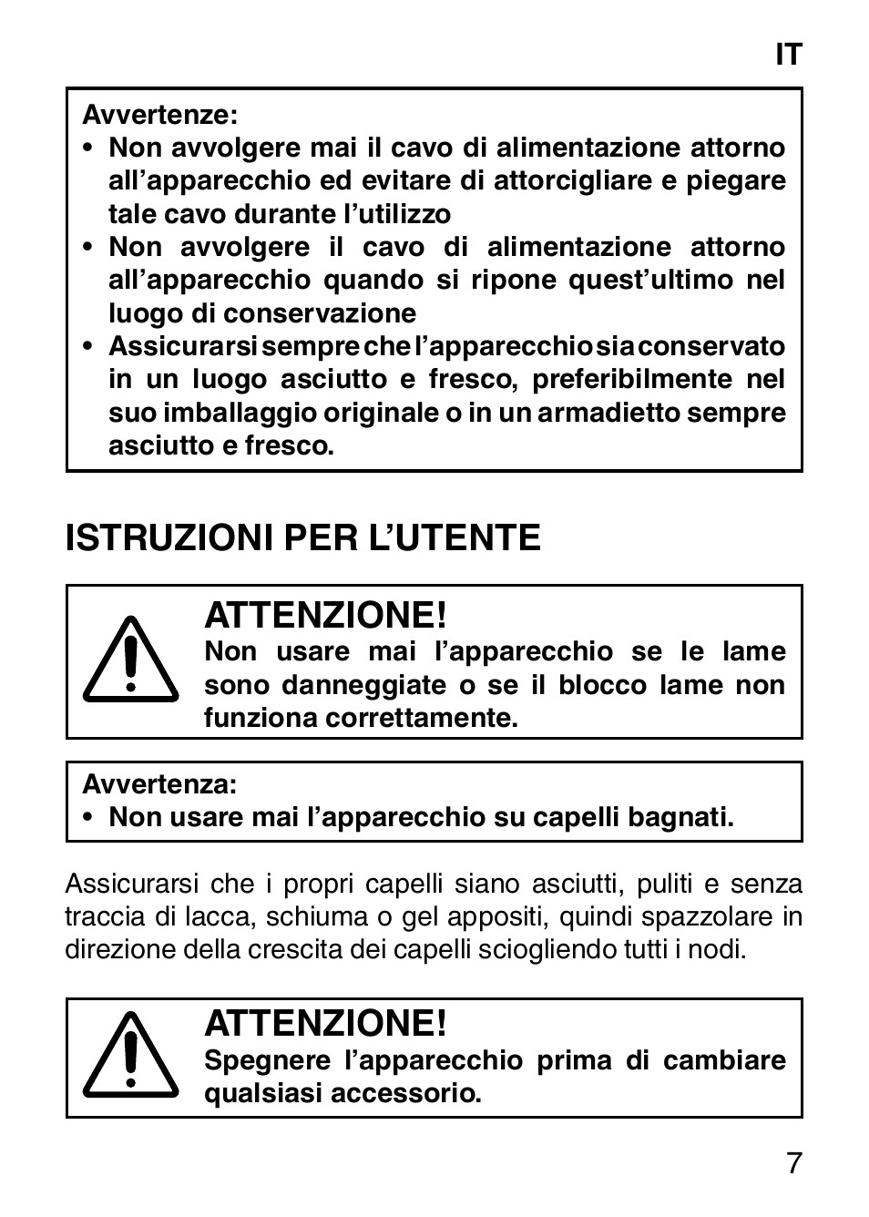 Istruzioni per l’utente attenzione, Attenzione | Imetec HI MAN EXPERT HC7 200 User Manual | Page 14 / 128