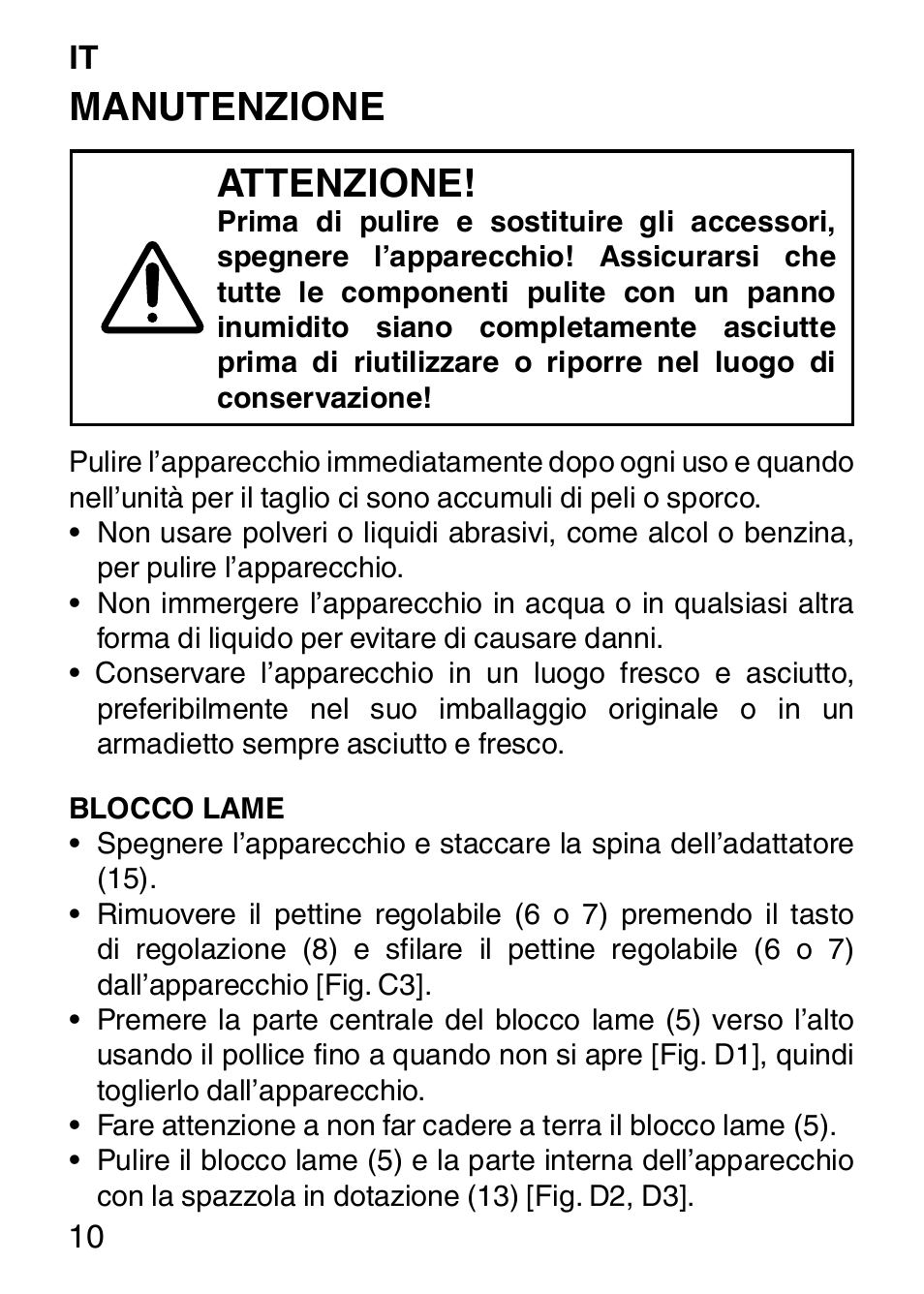 Manutenzione attenzione | Imetec HI MAN EXPERT HC7 200 User Manual | Page 17 / 128