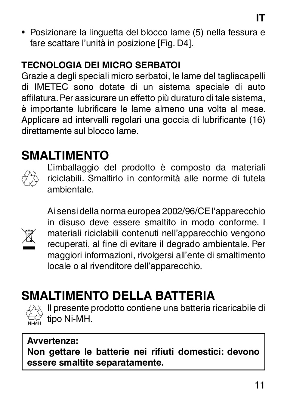 Smaltimento, Smaltimento della batteria | Imetec HI MAN EXPERT HC7 200 User Manual | Page 18 / 128