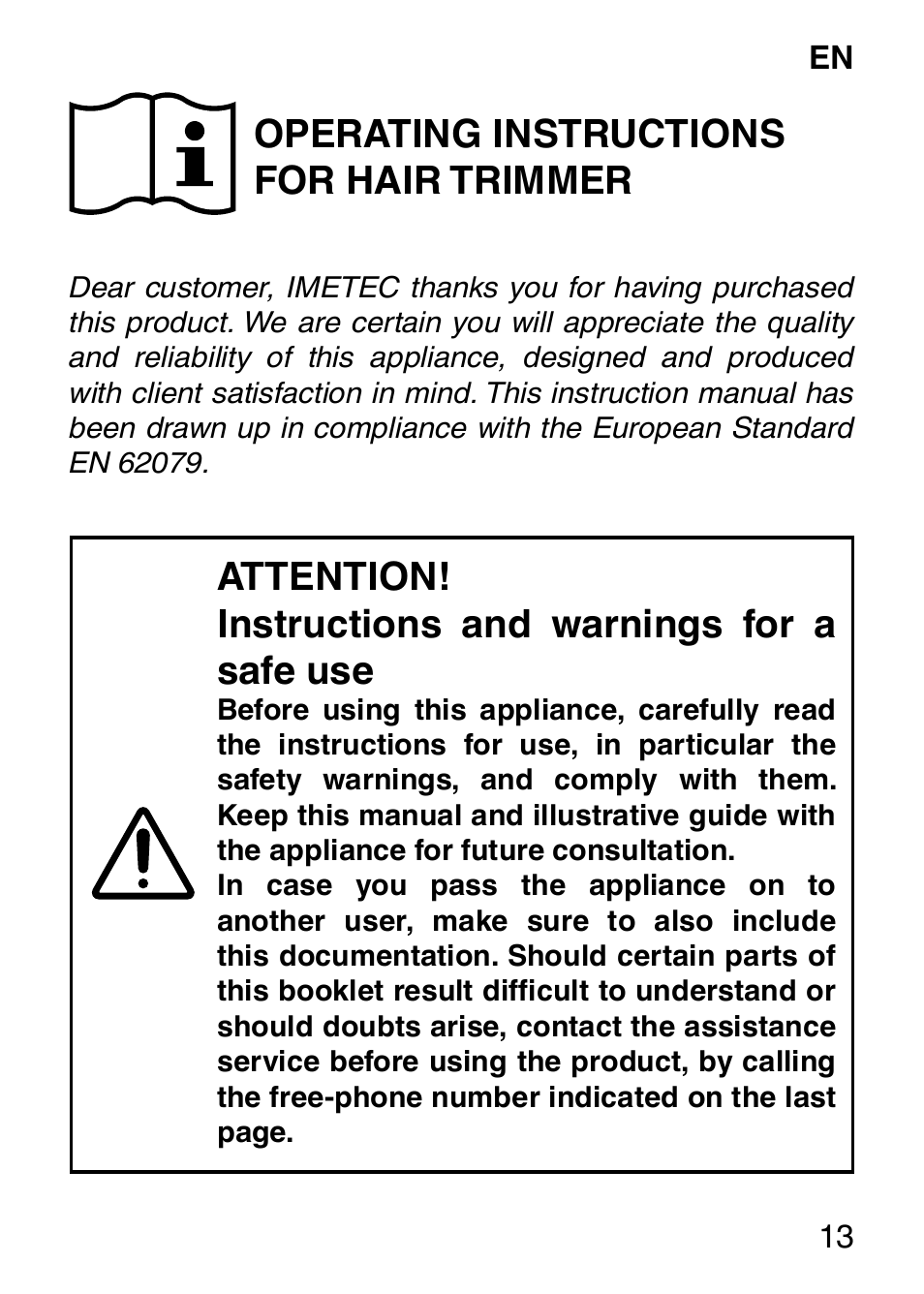 Operating instructions for hair trimmer | Imetec HI MAN EXPERT HC7 200 User Manual | Page 20 / 128