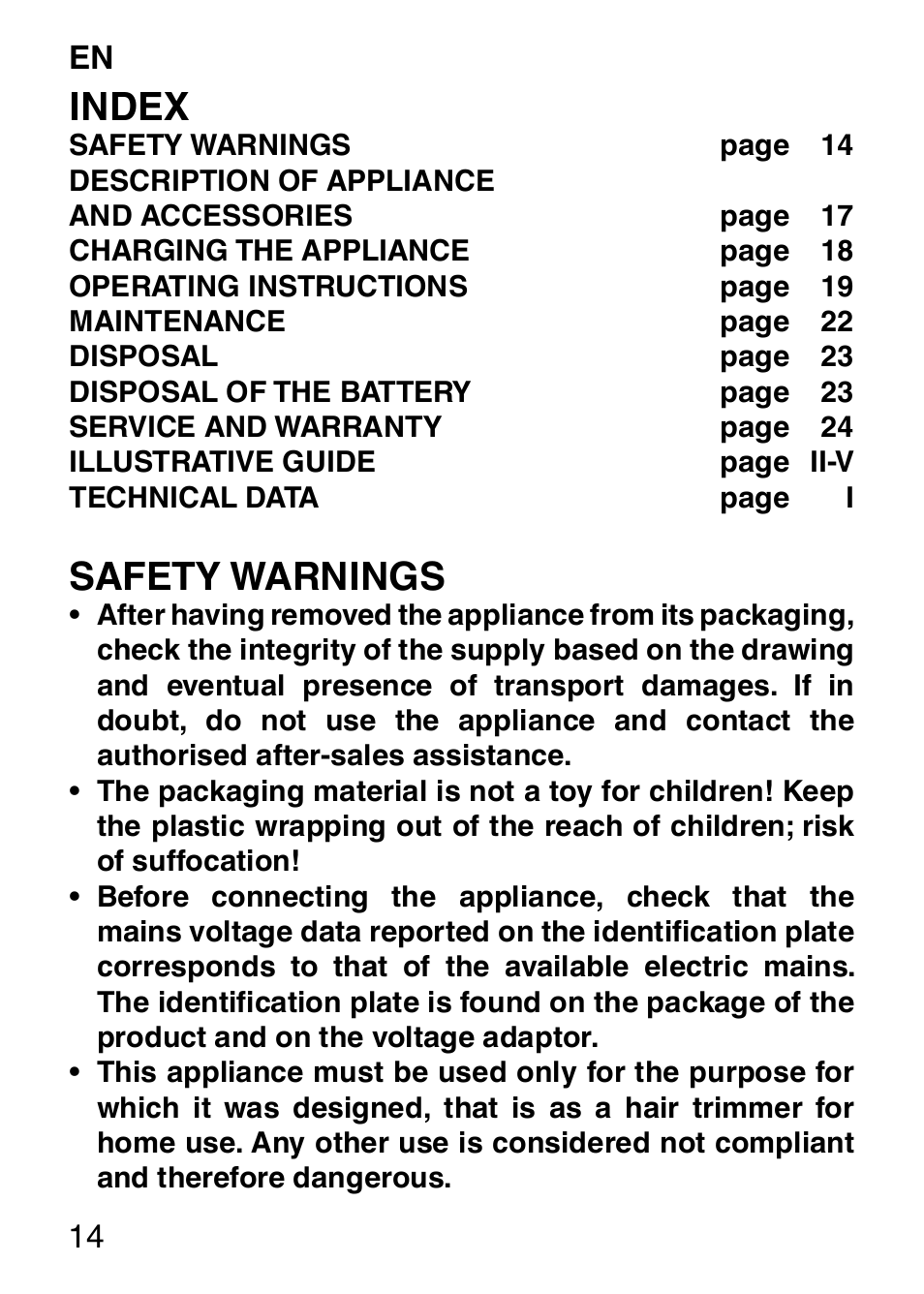 Index, Safety warnings | Imetec HI MAN EXPERT HC7 200 User Manual | Page 21 / 128