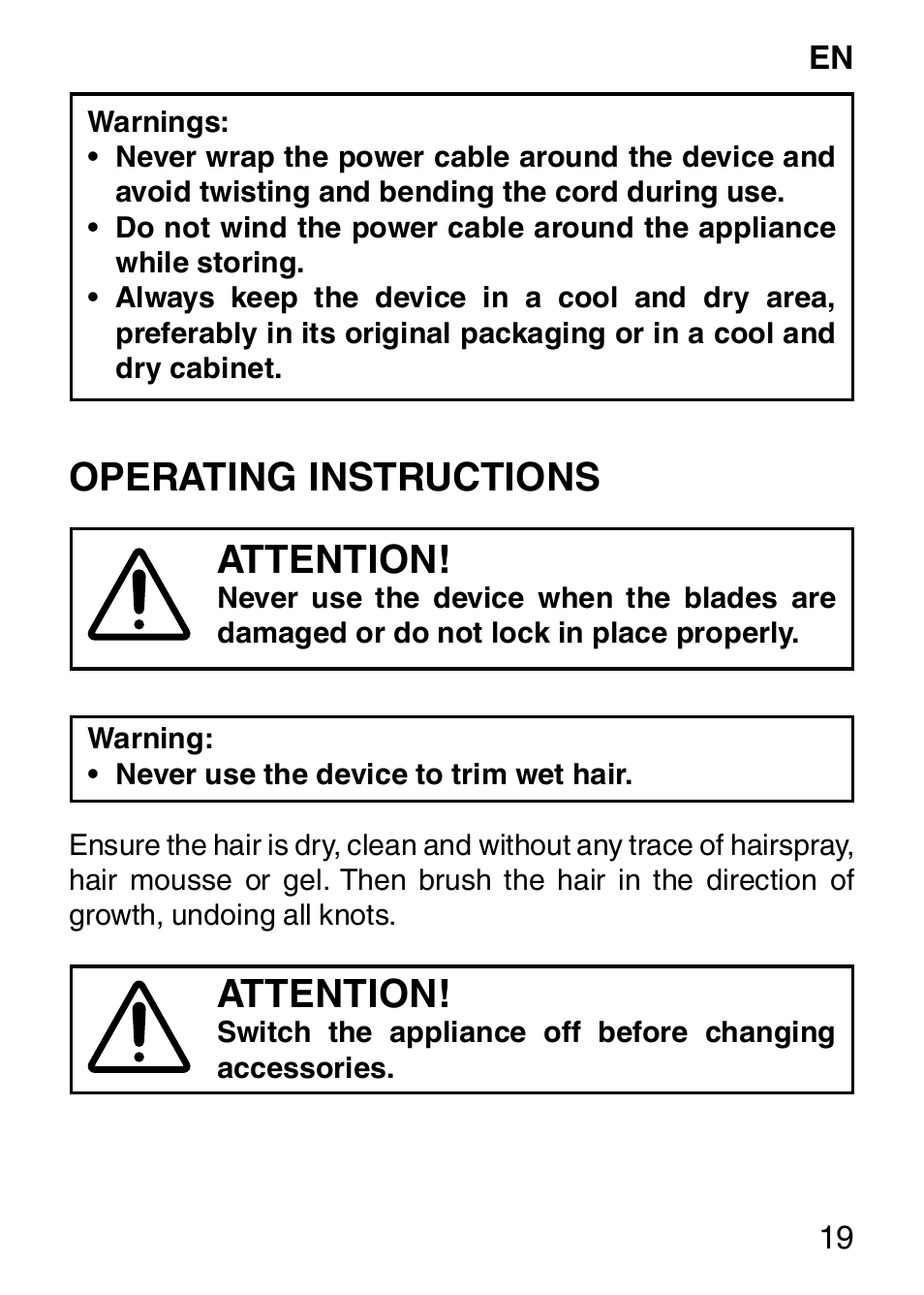 Operating instructions attention, Attention | Imetec HI MAN EXPERT HC7 200 User Manual | Page 26 / 128
