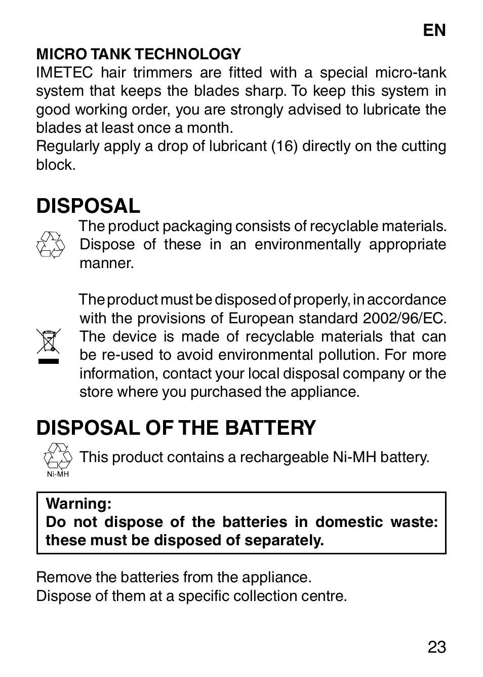 Disposal, Disposal of the battery | Imetec HI MAN EXPERT HC7 200 User Manual | Page 30 / 128