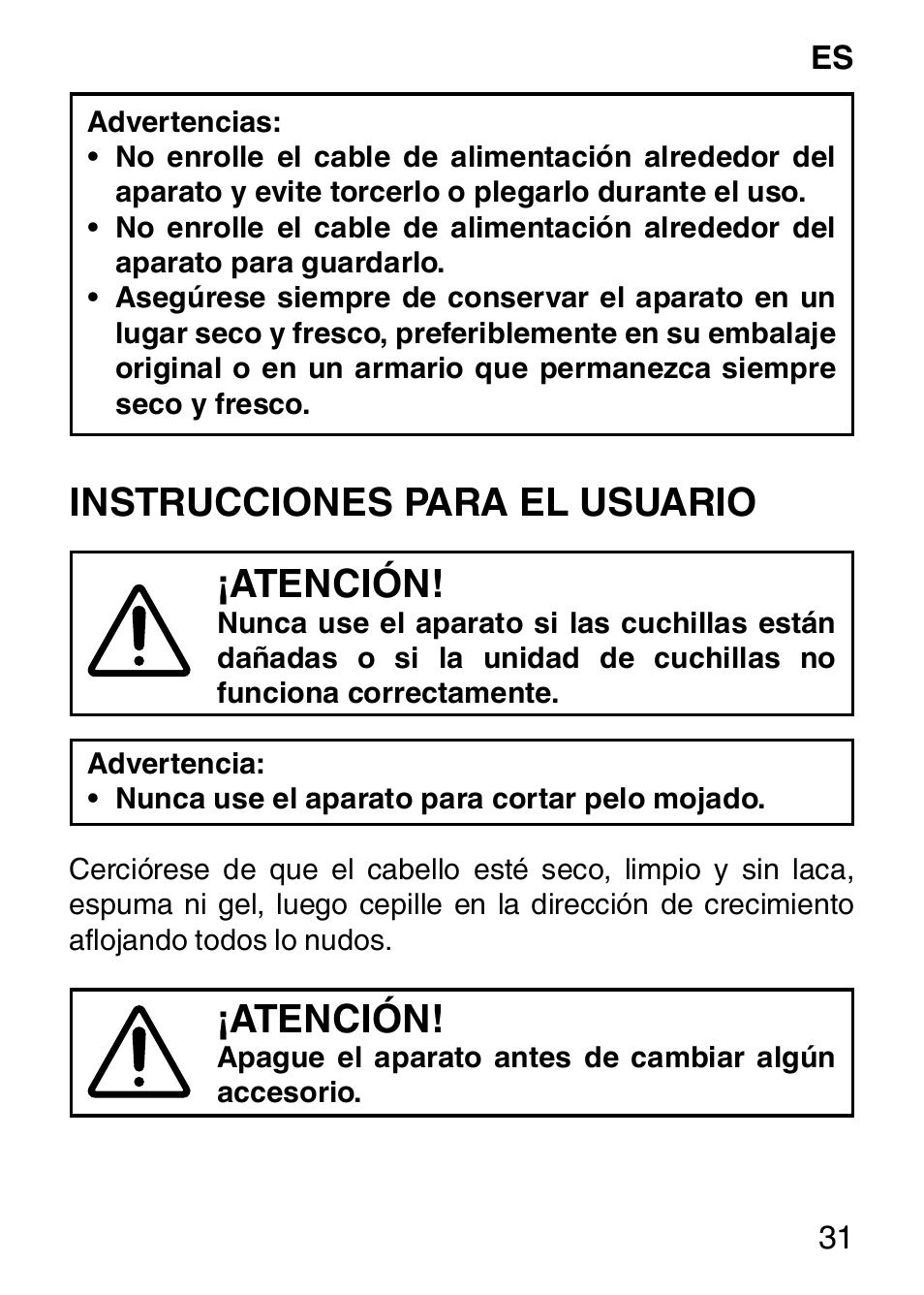 Instrucciones para el usuario ¡atención, Atención | Imetec HI MAN EXPERT HC7 200 User Manual | Page 38 / 128