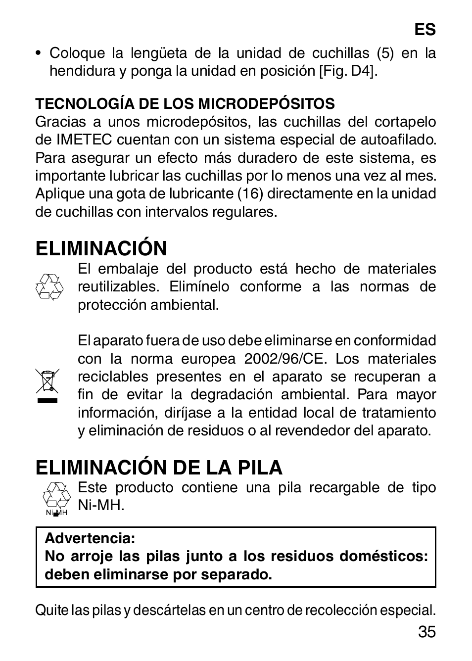 Eliminación, Eliminación de la pila | Imetec HI MAN EXPERT HC7 200 User Manual | Page 42 / 128