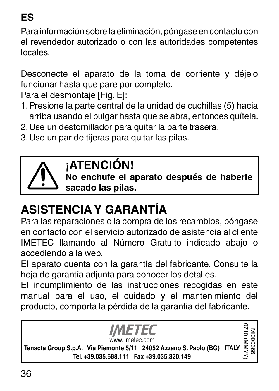 Atención, Asistencia y garantía, 36 es | Imetec HI MAN EXPERT HC7 200 User Manual | Page 43 / 128