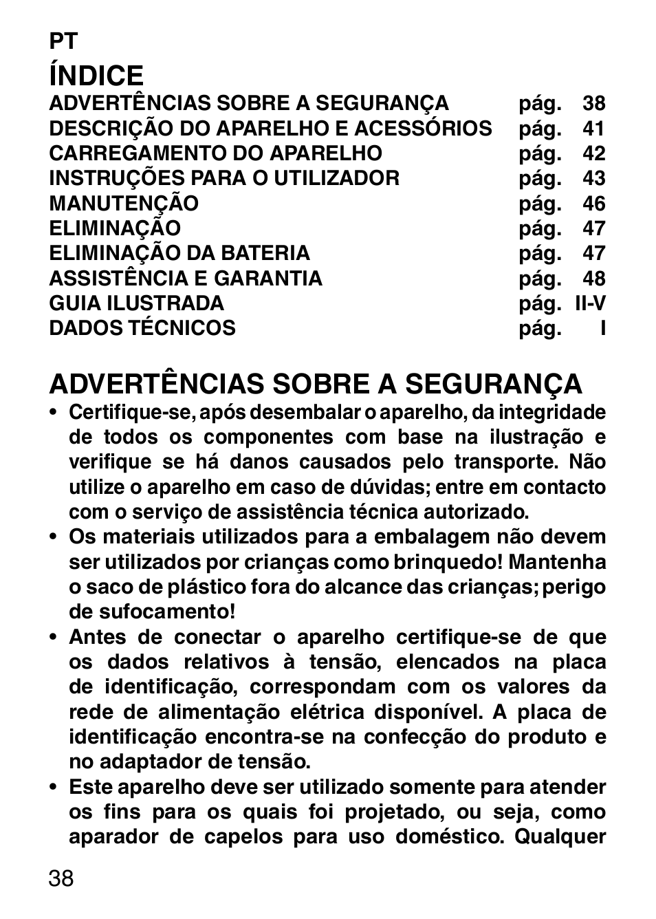 Índice, Advertências sobre a segurança | Imetec HI MAN EXPERT HC7 200 User Manual | Page 45 / 128