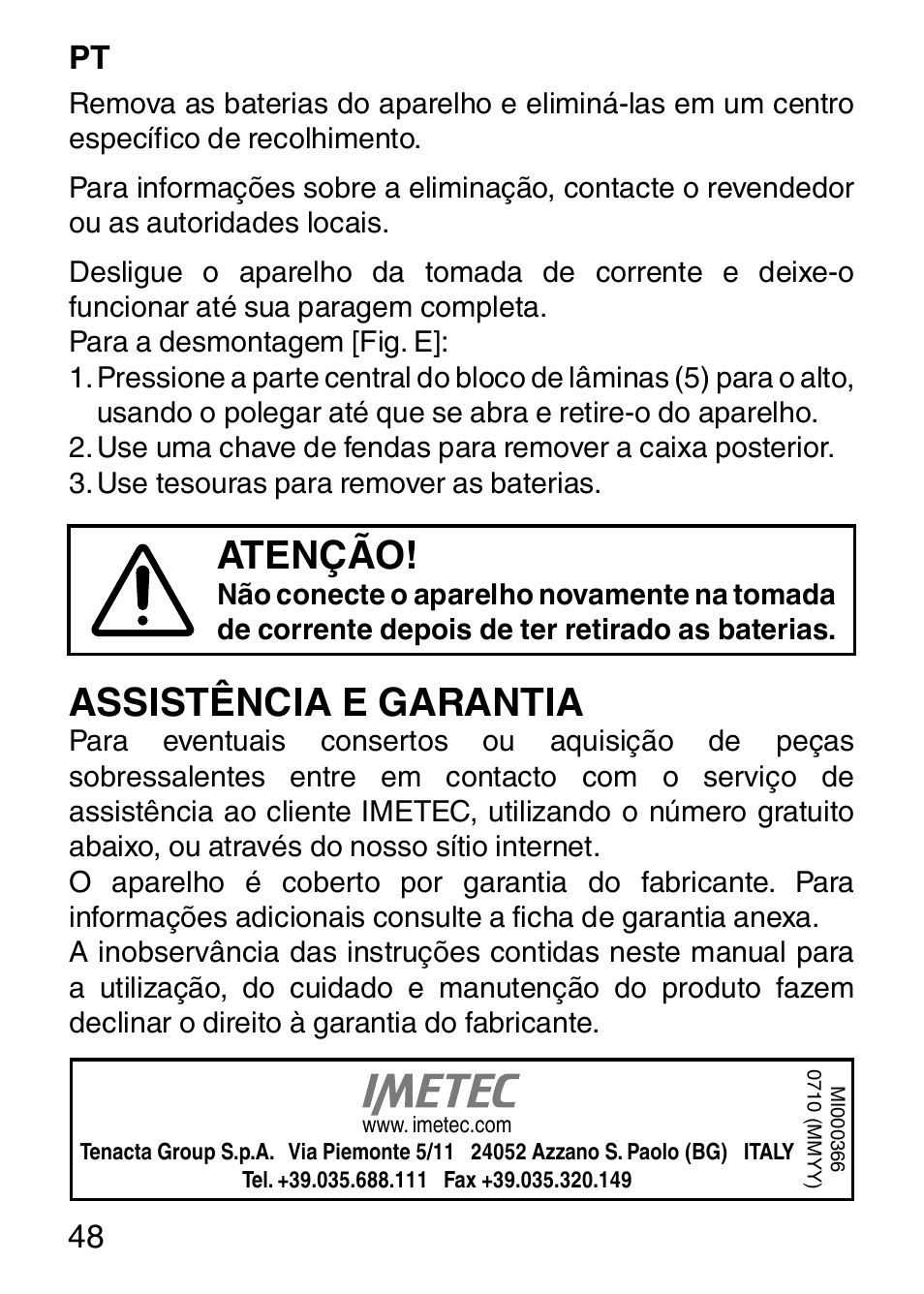 Atenção, Assistência e garantia, 48 pt | Imetec HI MAN EXPERT HC7 200 User Manual | Page 55 / 128