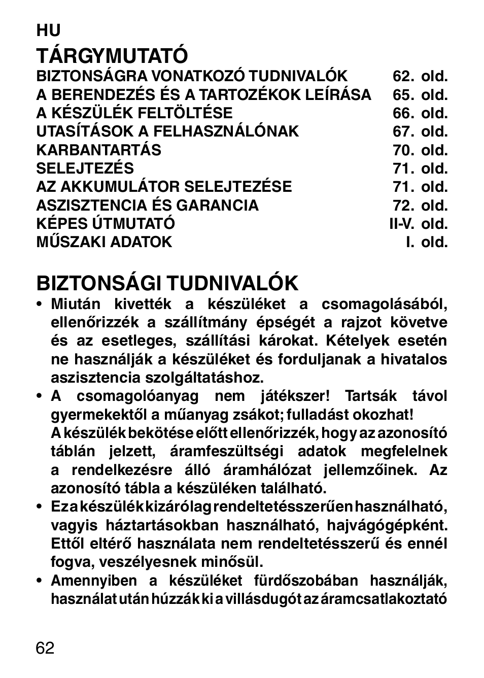 Tárgymutató, Biztonsági tudnivalók | Imetec HI MAN EXPERT HC7 200 User Manual | Page 69 / 128