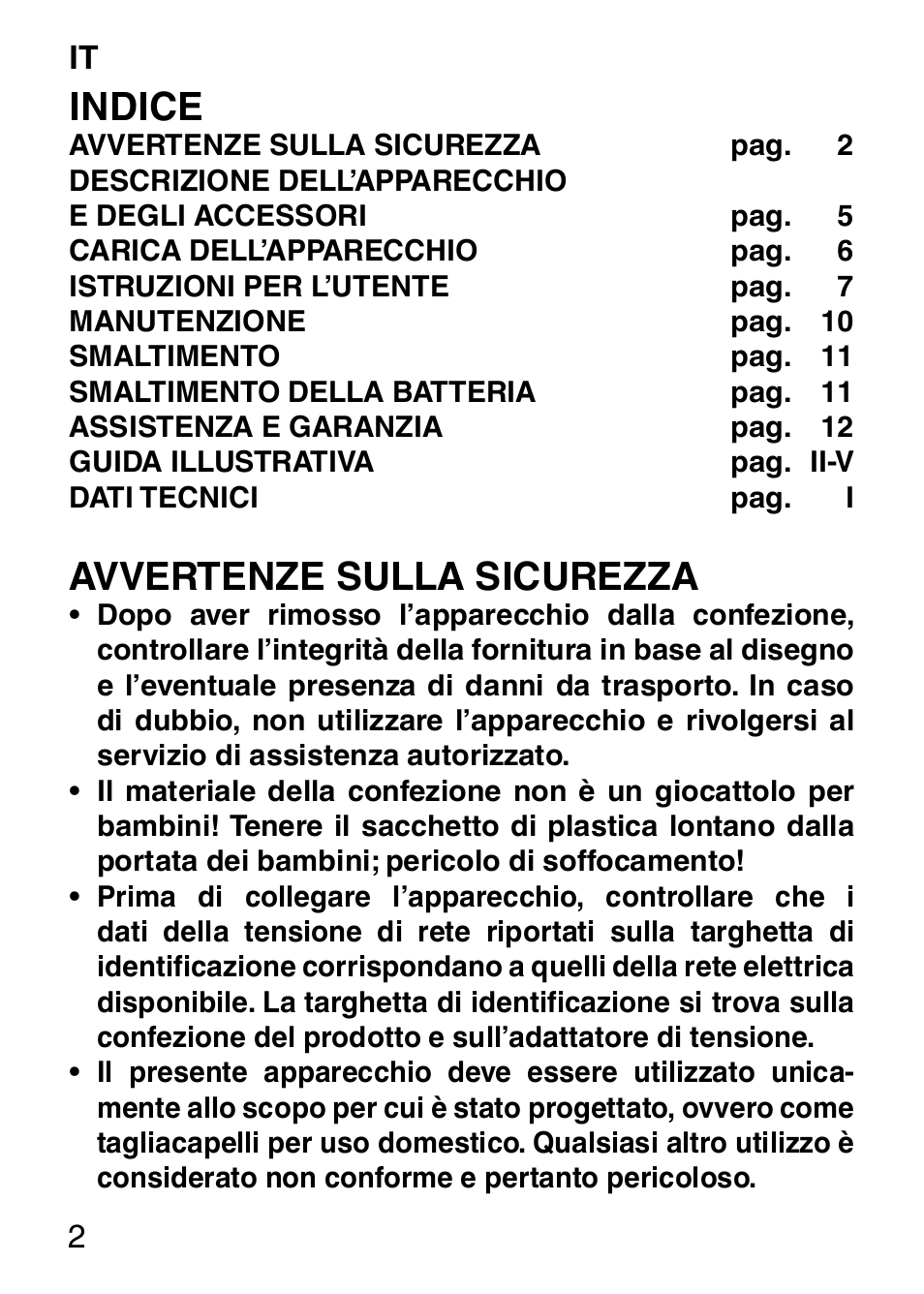 Indice, Avvertenze sulla sicurezza | Imetec HI MAN EXPERT HC7 200 User Manual | Page 9 / 128