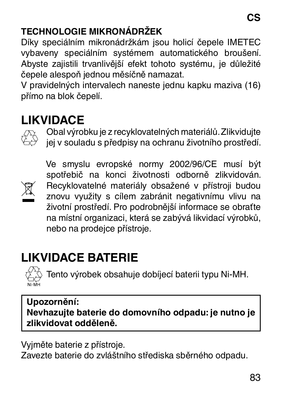 Likvidace, Likvidace baterie | Imetec HI MAN EXPERT HC7 200 User Manual | Page 90 / 128