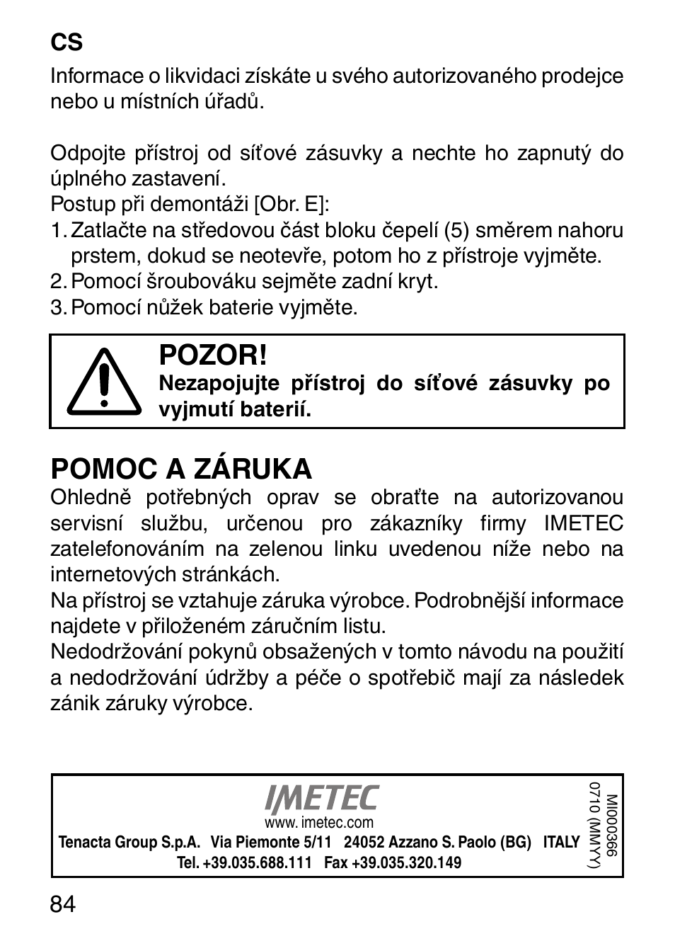 Pozor, Pomoc a záruka, 84 cs | Imetec HI MAN EXPERT HC7 200 User Manual | Page 91 / 128