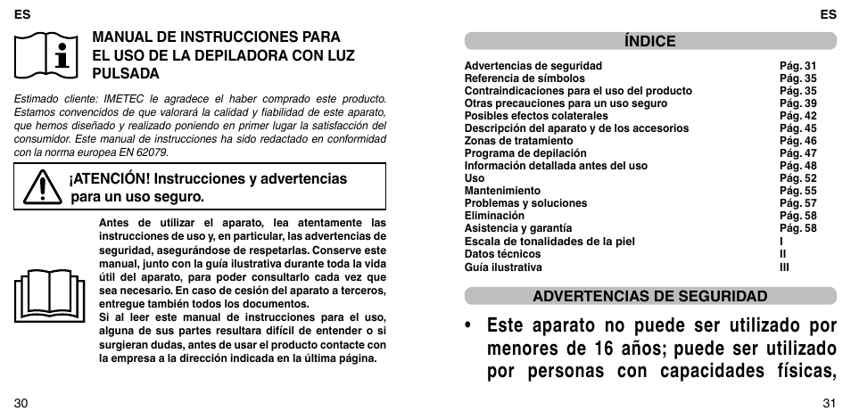 Índice, Advertencias de seguridad | Imetec BELLISSIMA FLASH & GO PLUS User Manual | Page 19 / 63