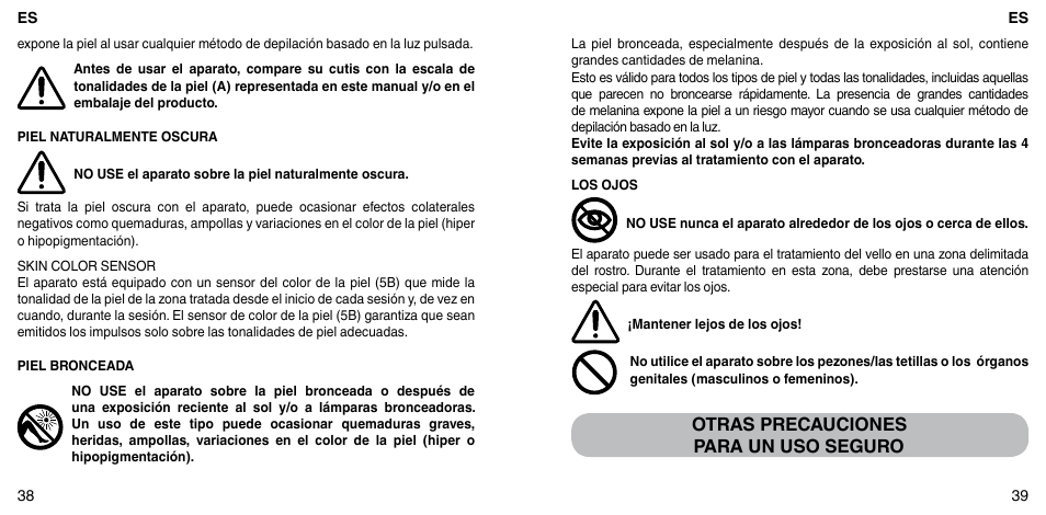 Otras precauciones para un uso seguro | Imetec BELLISSIMA FLASH & GO PLUS User Manual | Page 23 / 63