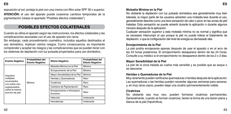 Posibles efectos colaterales, Es 43 es 42 | Imetec BELLISSIMA FLASH & GO PLUS User Manual | Page 25 / 63
