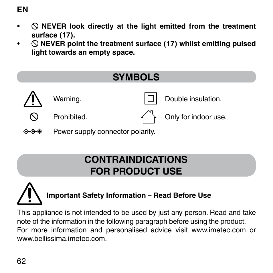 Symbols, Contraindications for product use | Imetec BELLISSIMA SENSEPIL LUX User Manual | Page 66 / 118