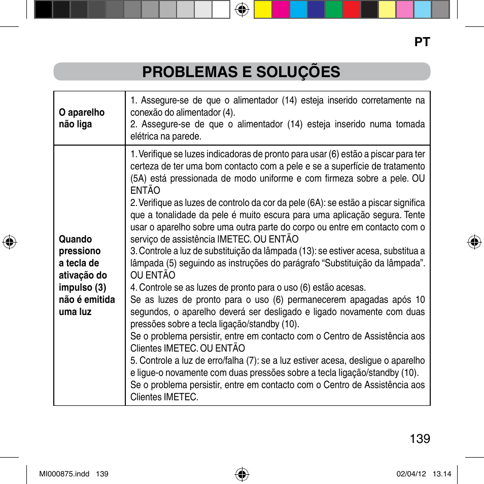 Problemas e soluções, Pt 139 | Imetec BELLISSIMA FLASH & GO DISPOSABLE LAMP User Manual | Page 145 / 146