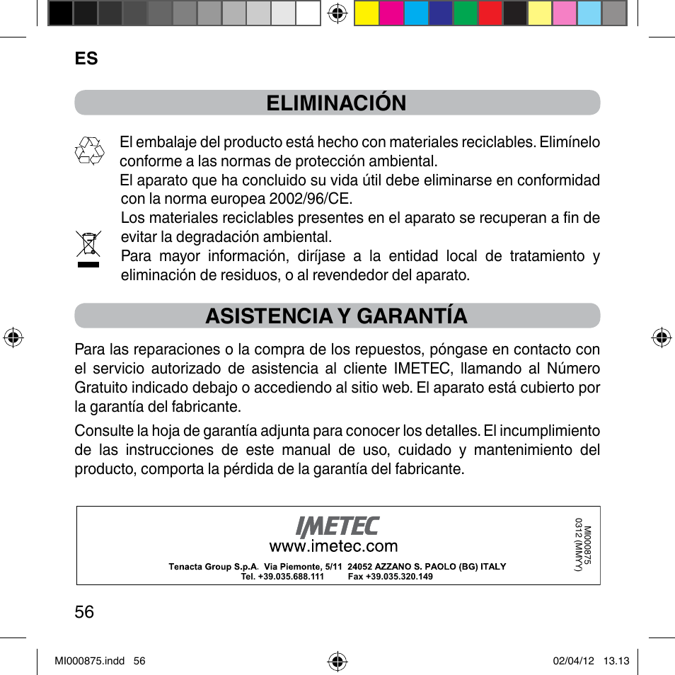 Eliminación, Asistencia y garantía, Es 56 | Imetec BELLISSIMA FLASH & GO DISPOSABLE LAMP User Manual | Page 62 / 146