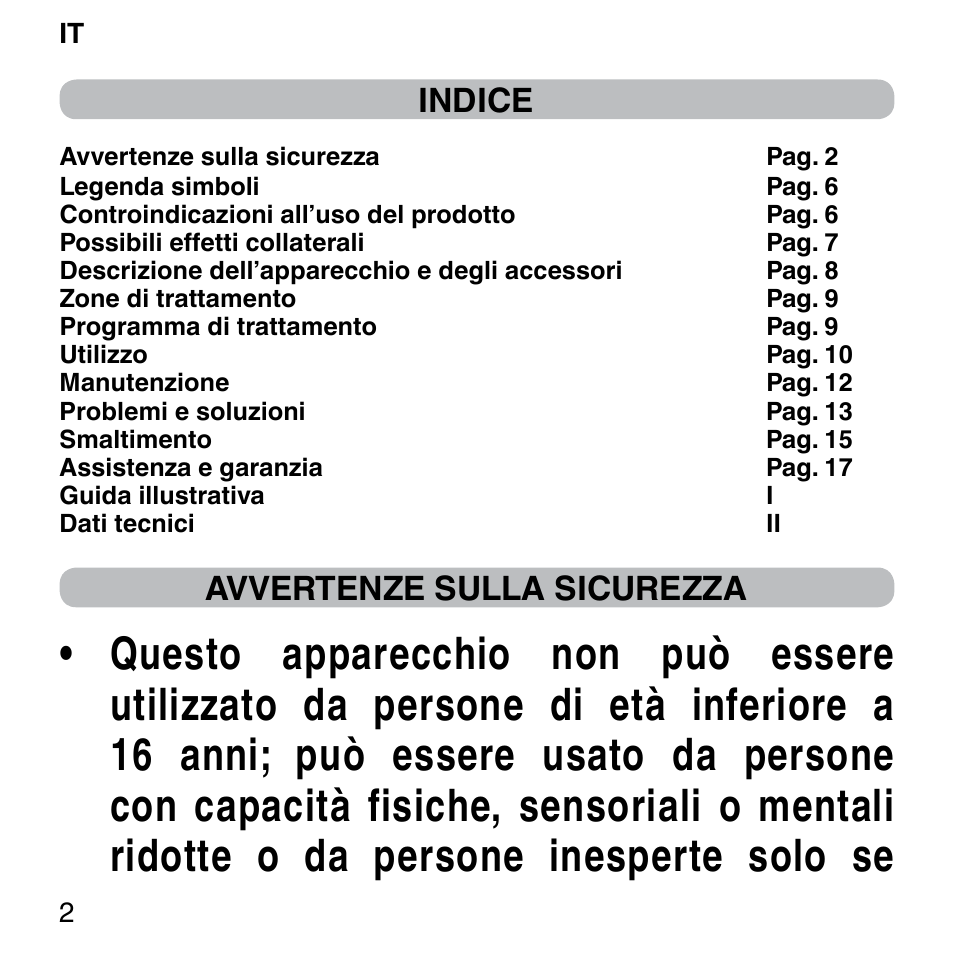 Indice, Avvertenze sulla sicurezza | Imetec BELLISSIMA FACE FX User Manual | Page 6 / 92