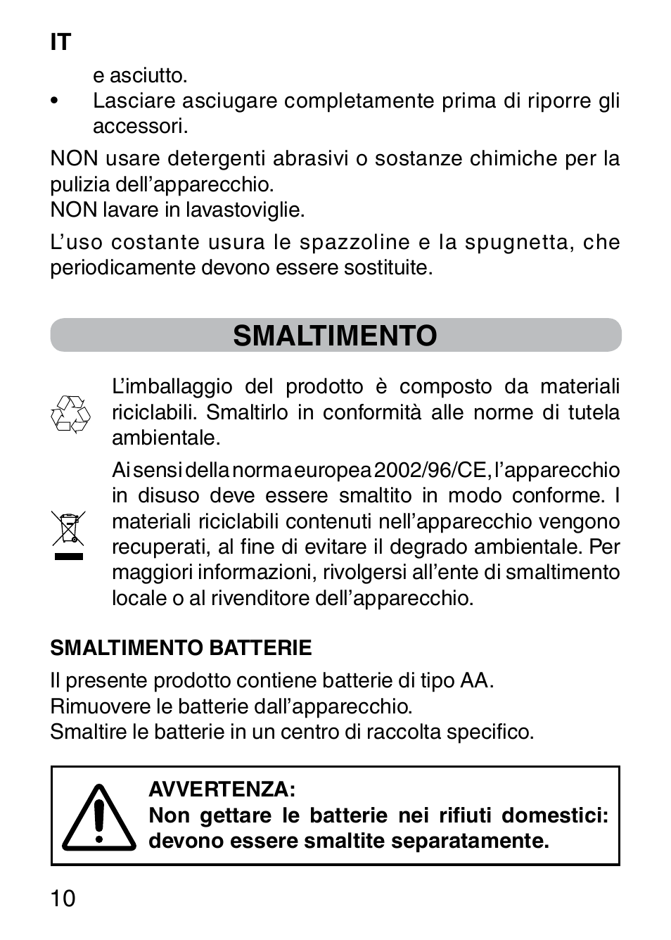 Smaltimento | Imetec BELLISSIMA FACE CLEANSING User Manual | Page 12 / 58