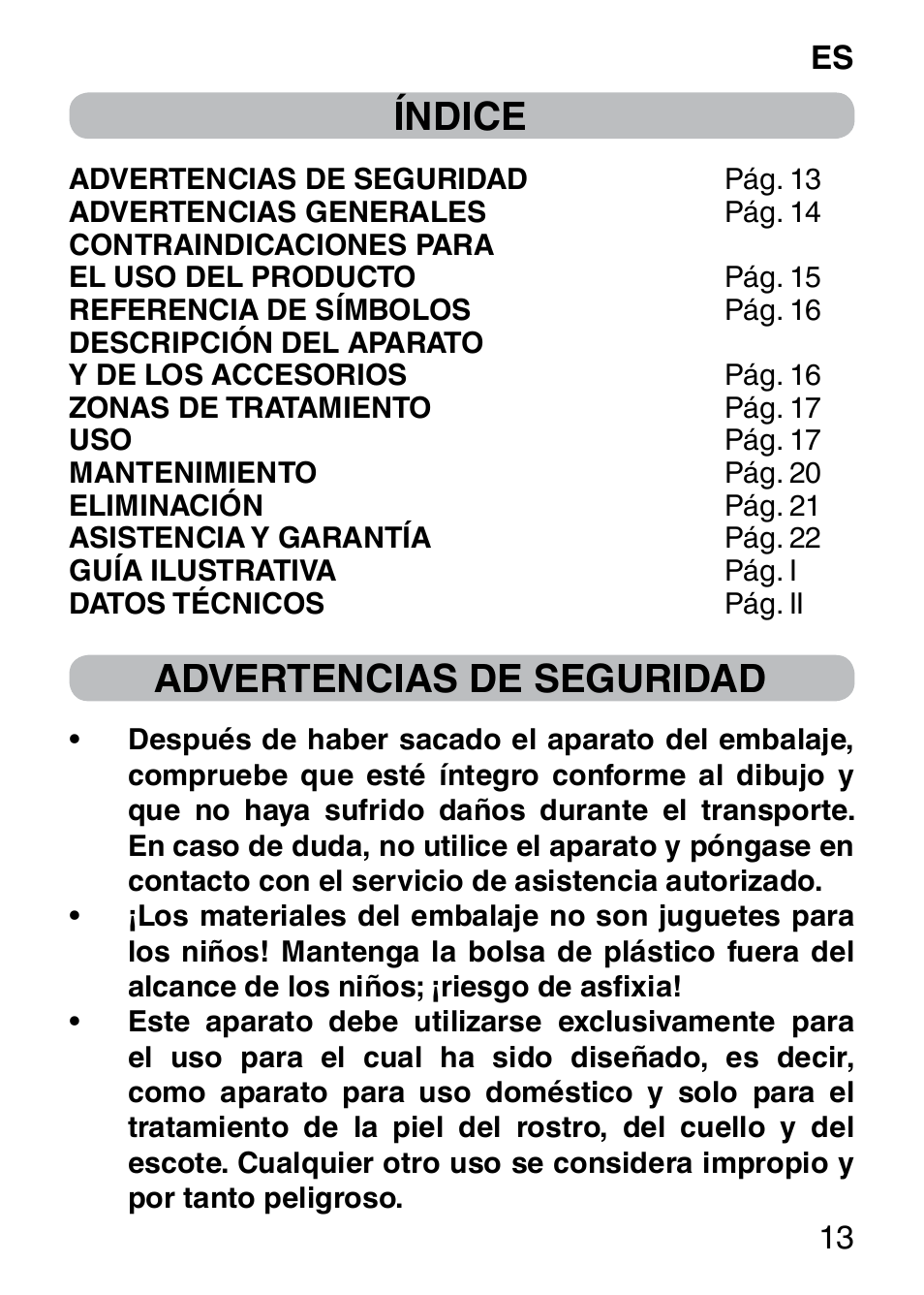 Índice, Advertencias de seguridad | Imetec BELLISSIMA FACE CLEANSING User Manual | Page 15 / 58