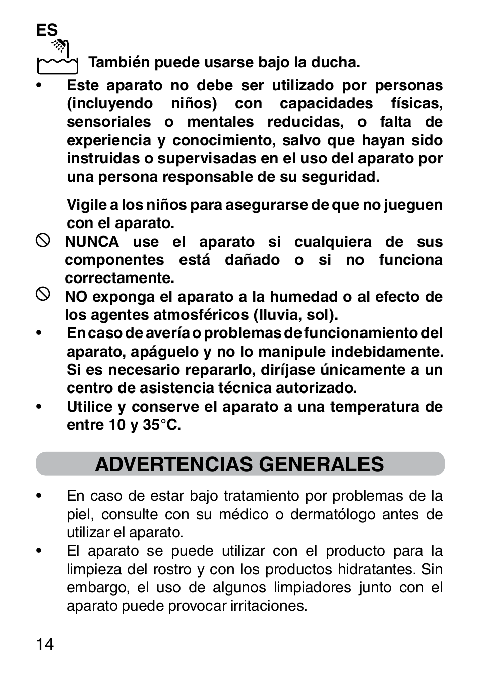 Advertencias generales | Imetec BELLISSIMA FACE CLEANSING User Manual | Page 16 / 58