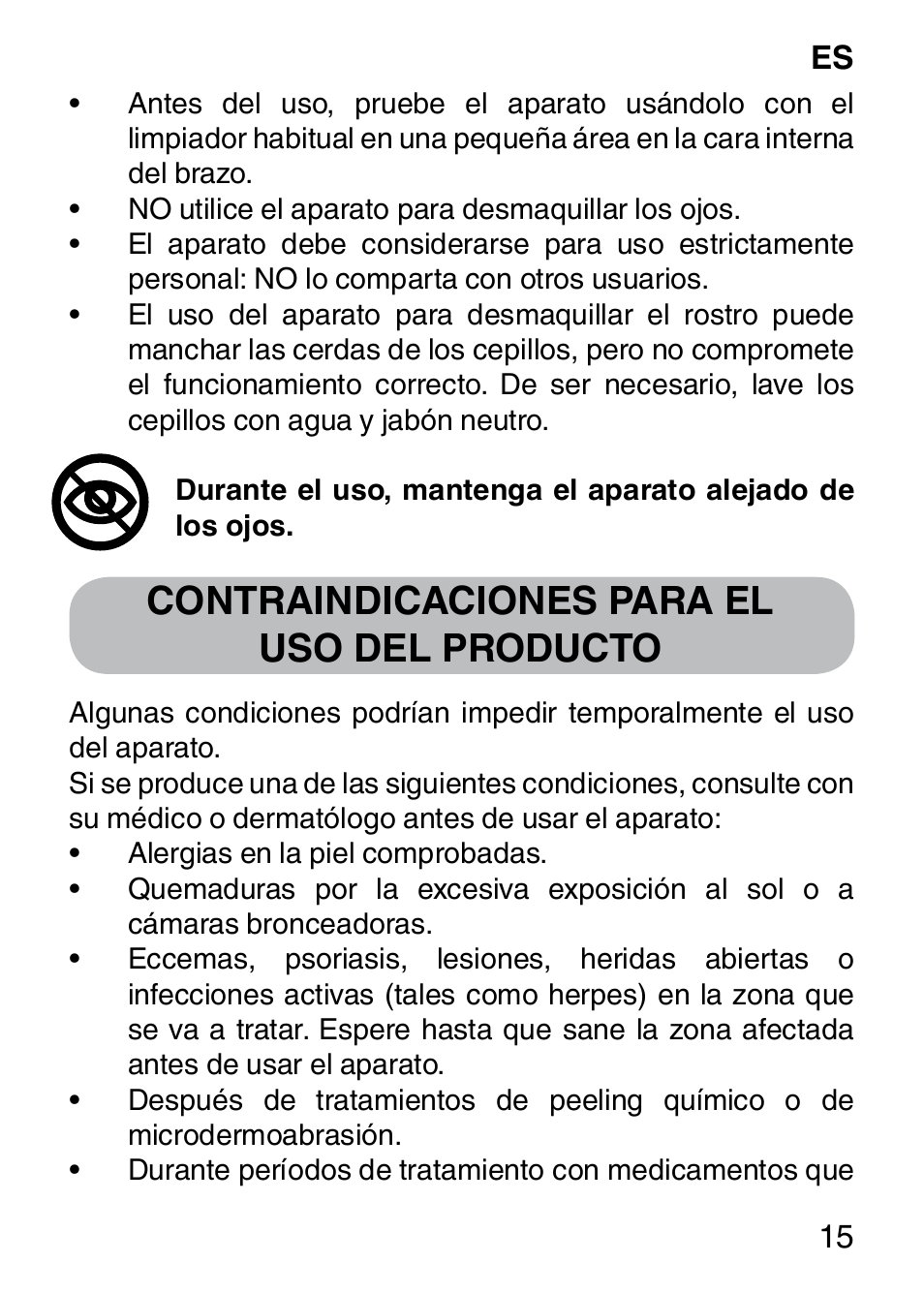 Contraindicaciones para el uso del producto | Imetec BELLISSIMA FACE CLEANSING User Manual | Page 17 / 58