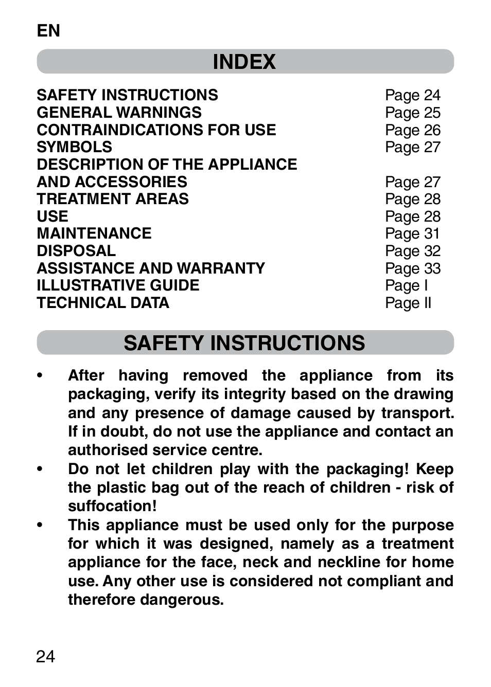 Index, Safety instructions | Imetec BELLISSIMA FACE CLEANSING User Manual | Page 26 / 58