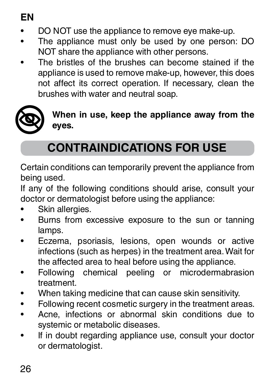 Contraindications for use | Imetec BELLISSIMA FACE CLEANSING User Manual | Page 28 / 58