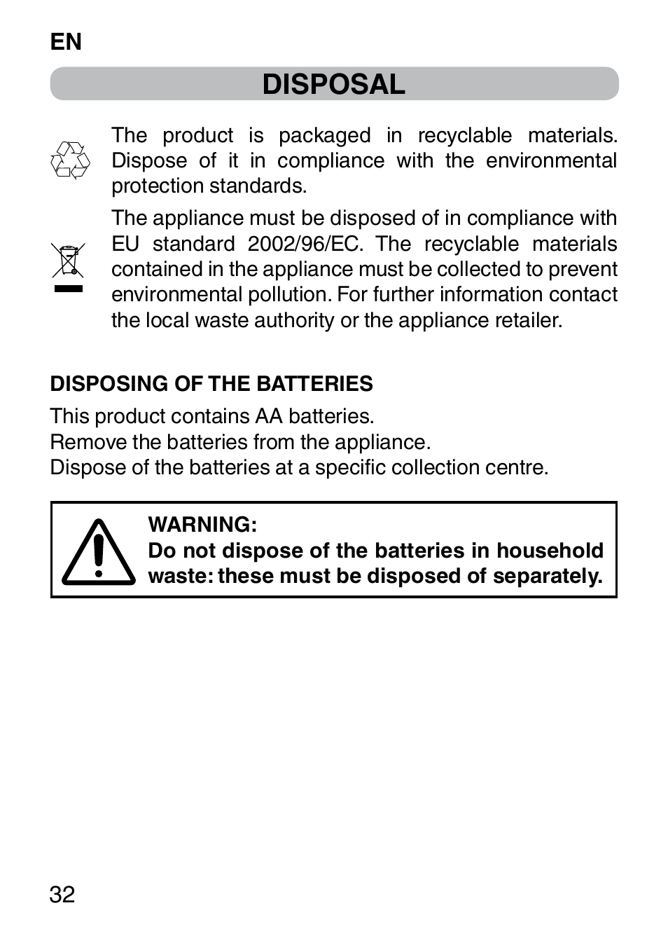 Disposal | Imetec BELLISSIMA FACE CLEANSING User Manual | Page 34 / 58