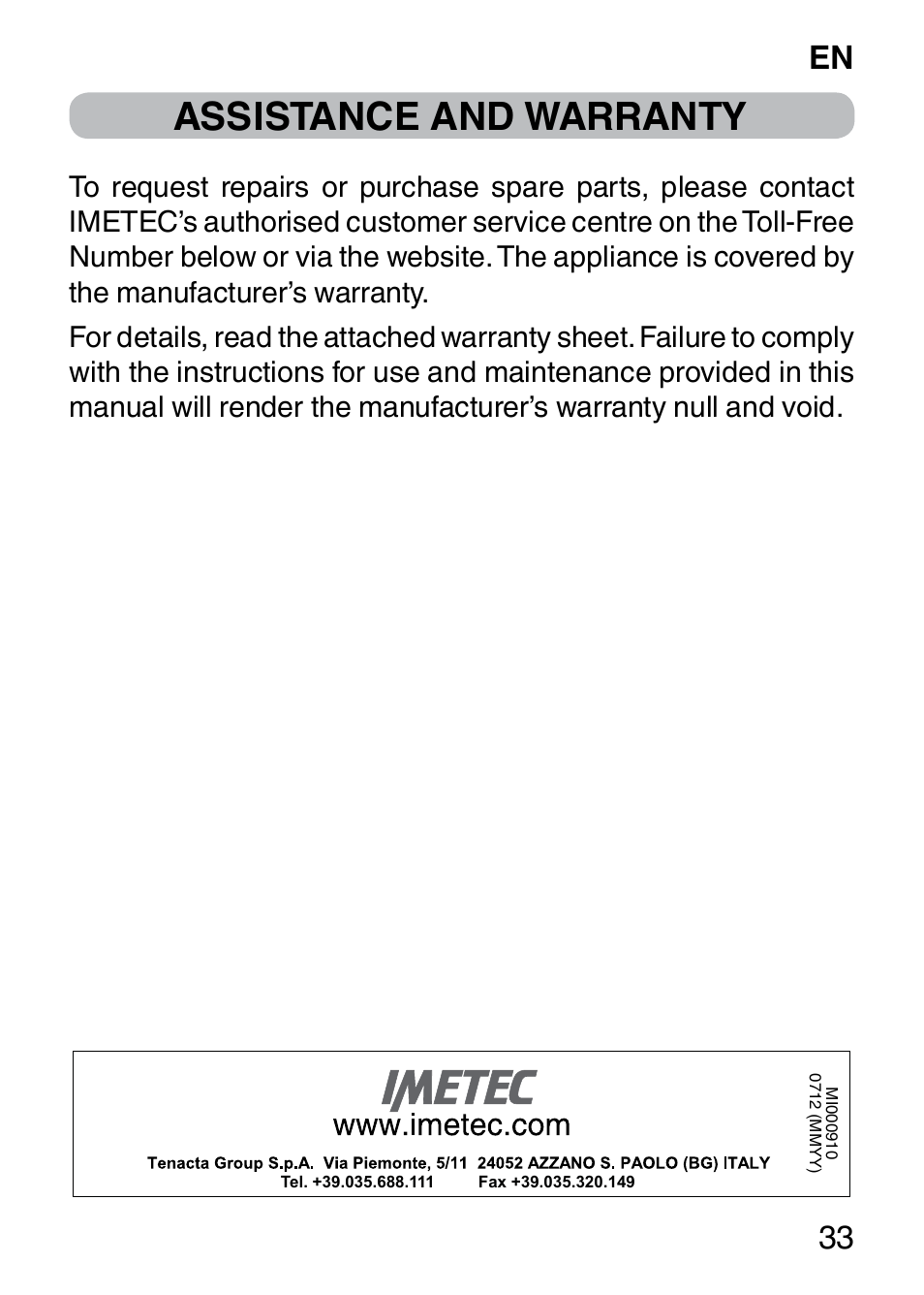 Assistance and warranty, En 33 | Imetec BELLISSIMA FACE CLEANSING User Manual | Page 35 / 58