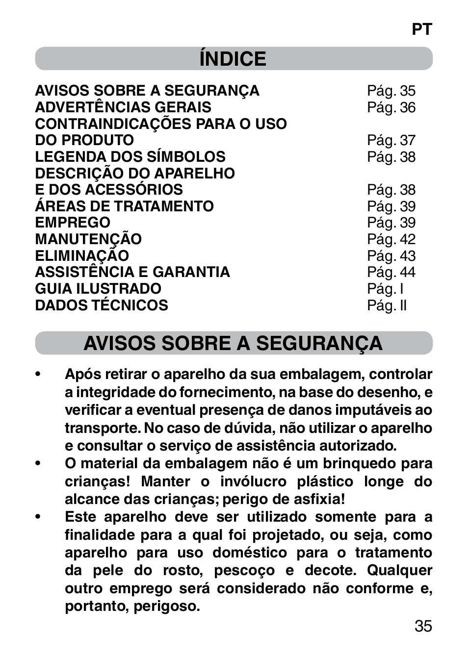 Índice, Avisos sobre a segurança | Imetec BELLISSIMA FACE CLEANSING User Manual | Page 37 / 58