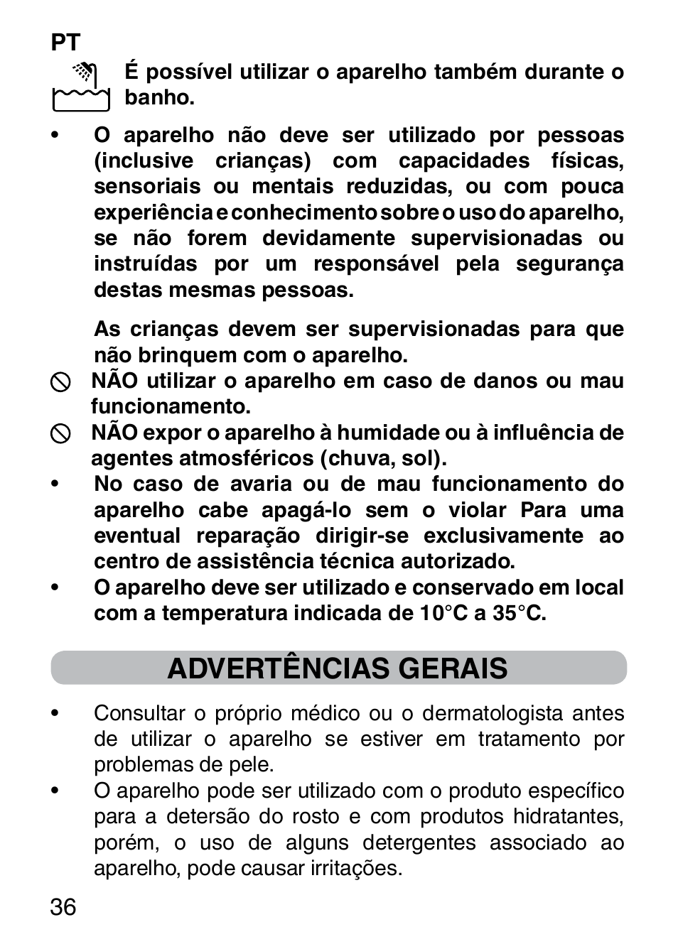 Advertências gerais | Imetec BELLISSIMA FACE CLEANSING User Manual | Page 38 / 58