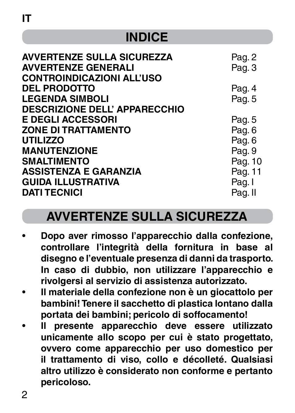 Indice, Avvertenze sulla sicurezza | Imetec BELLISSIMA FACE CLEANSING User Manual | Page 4 / 58