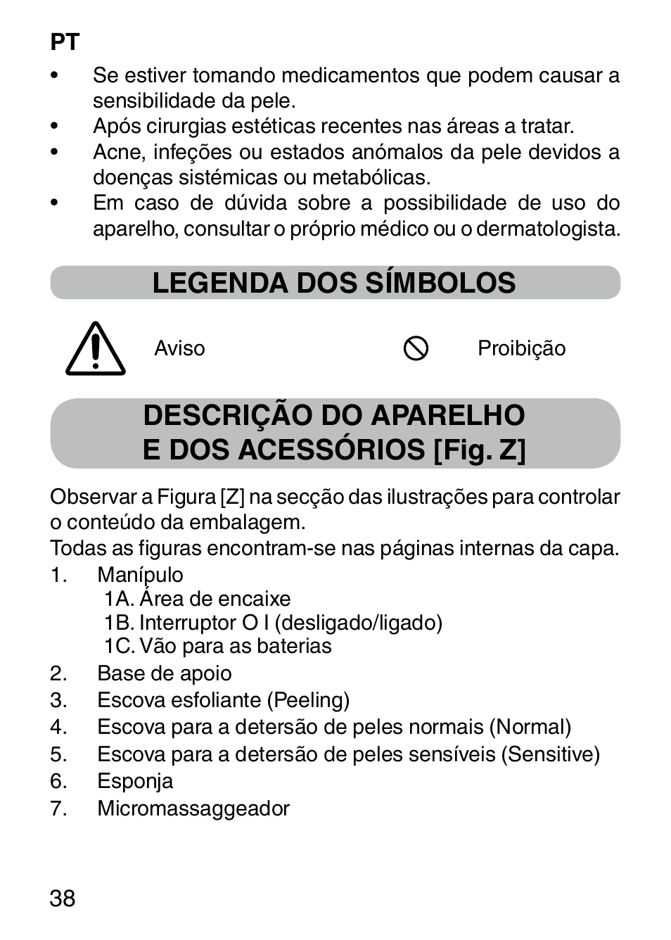 Legenda dos símbolos, Descrição do aparelho e dos acessórios [fig. z | Imetec BELLISSIMA FACE CLEANSING User Manual | Page 40 / 58
