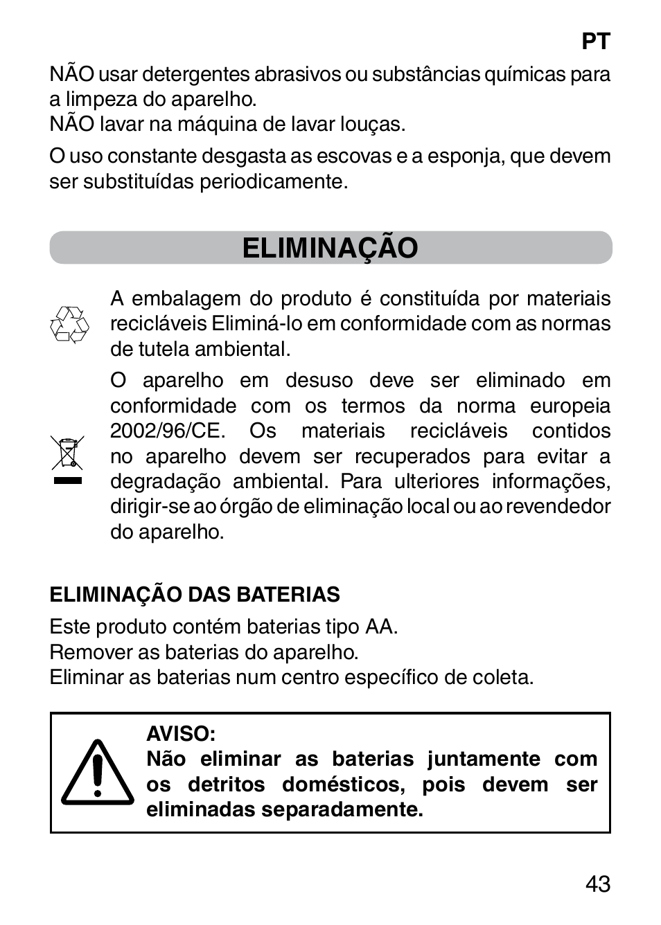 Eliminação | Imetec BELLISSIMA FACE CLEANSING User Manual | Page 45 / 58