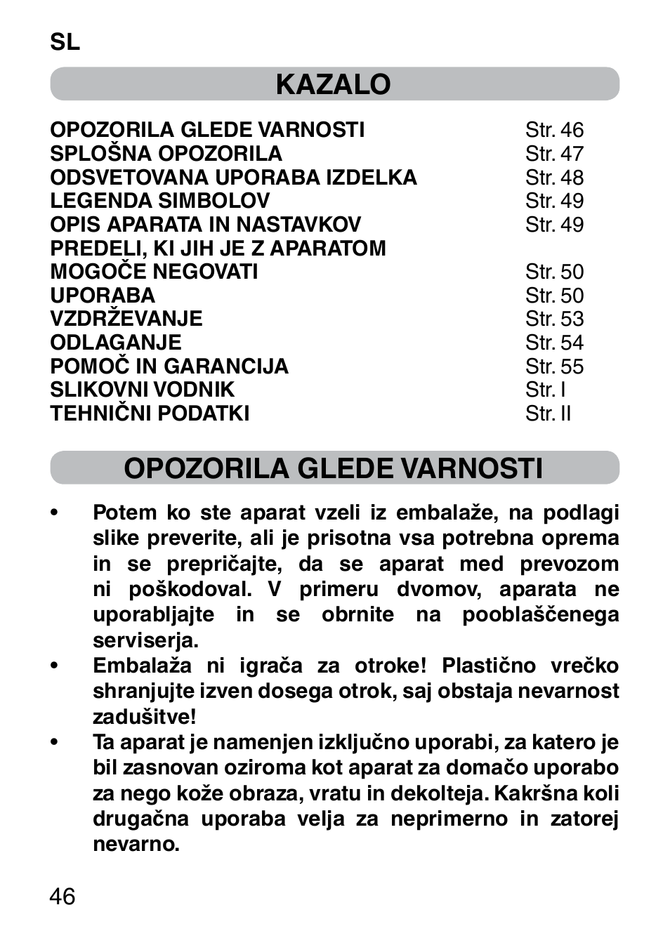 Kazalo, Opozorila glede varnosti | Imetec BELLISSIMA FACE CLEANSING User Manual | Page 48 / 58