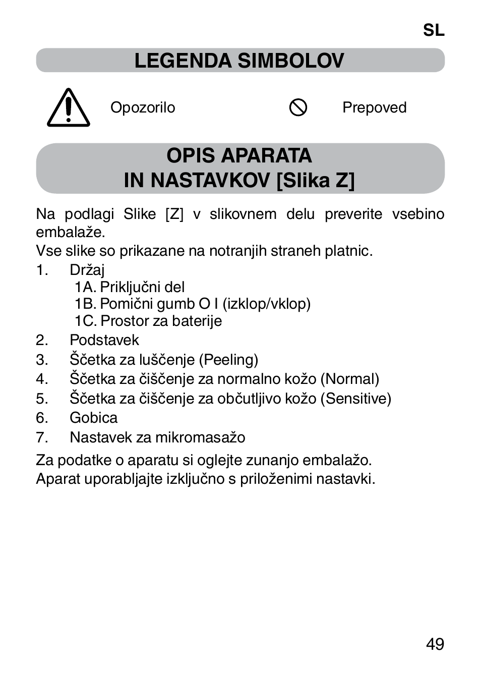 Legenda simbolov, Opis aparata in nastavkov [slika z | Imetec BELLISSIMA FACE CLEANSING User Manual | Page 51 / 58