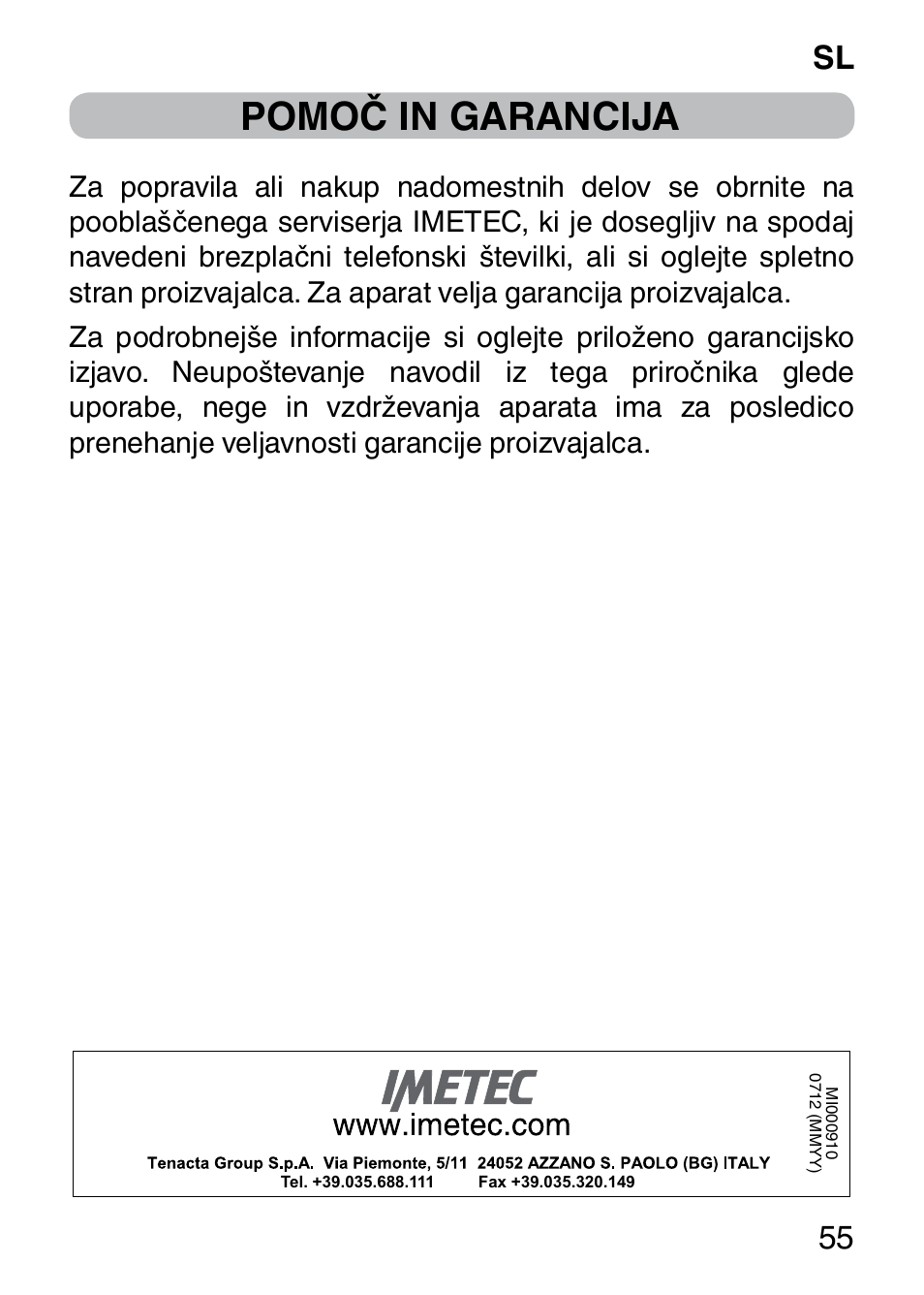 Pomoč in garancija, Sl 55 | Imetec BELLISSIMA FACE CLEANSING User Manual | Page 57 / 58