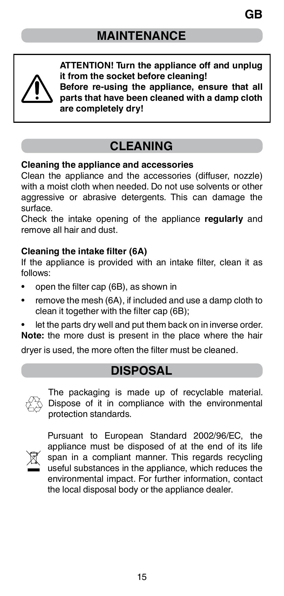 Gb maintenance, Cleaning, Disposal | Imetec BELLISSIMA PC5 2500 User Manual | Page 17 / 84