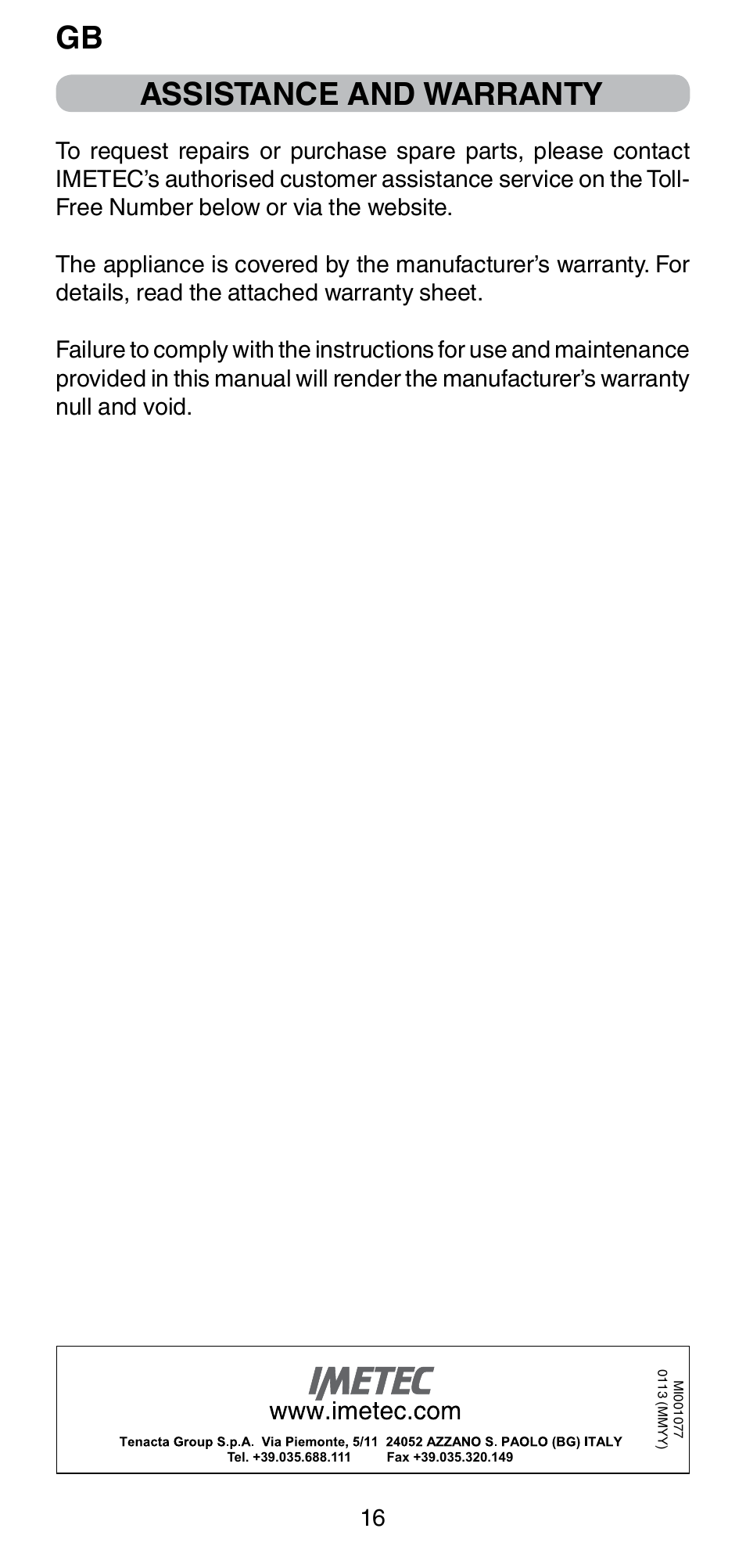 Gb assistance and warranty | Imetec BELLISSIMA PC5 2500 User Manual | Page 18 / 84