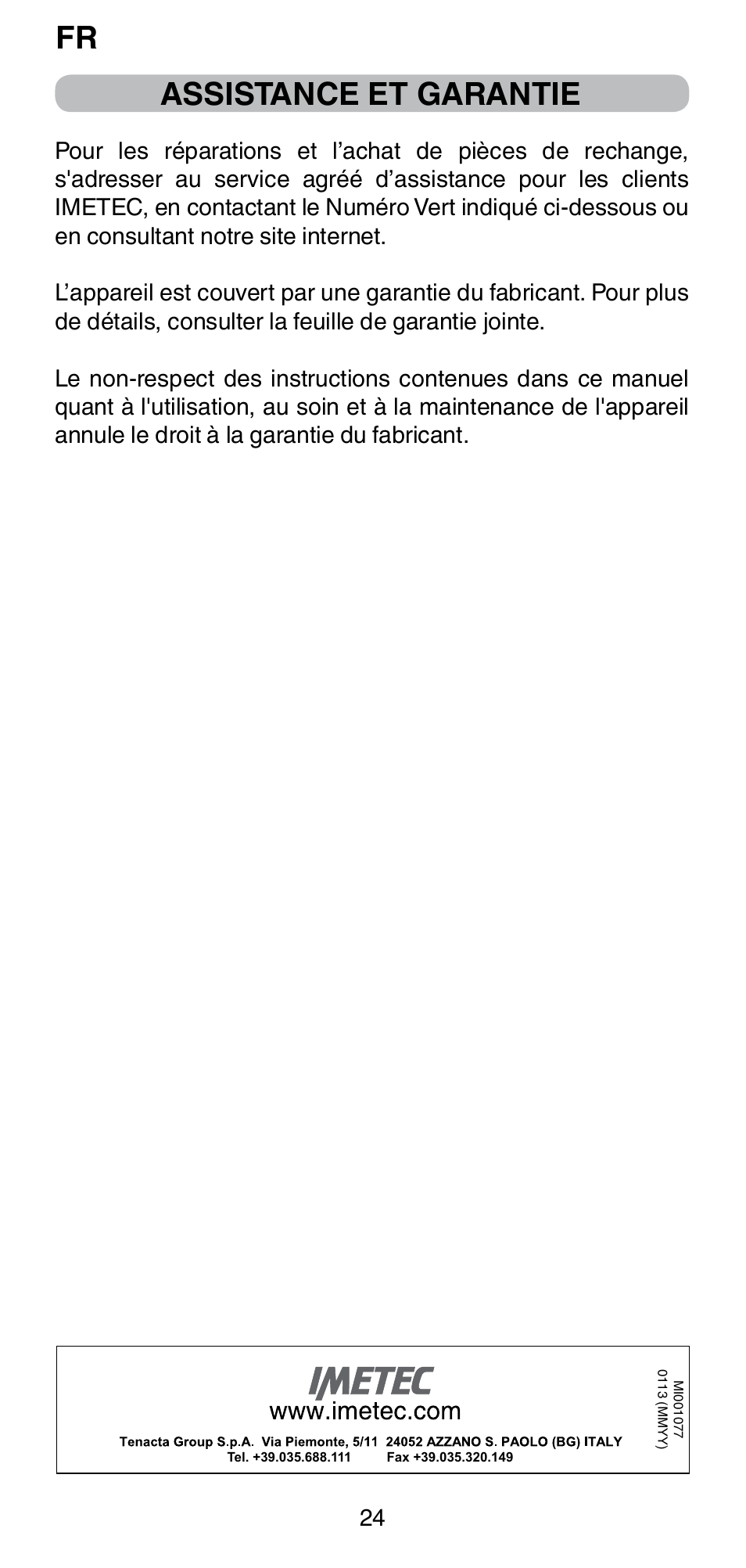 Assistance et garantie | Imetec BELLISSIMA PC5 2500 User Manual | Page 26 / 84