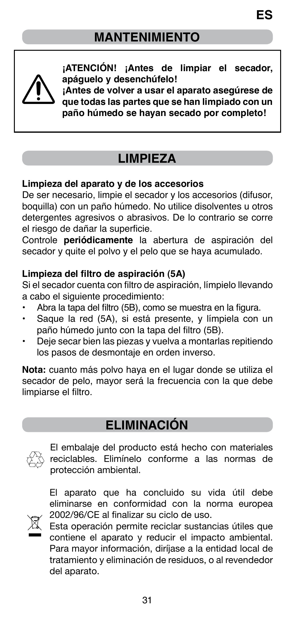 Mantenimiento, Limpieza, Eliminación | Imetec BELLISSIMA PC5 2500 User Manual | Page 33 / 84
