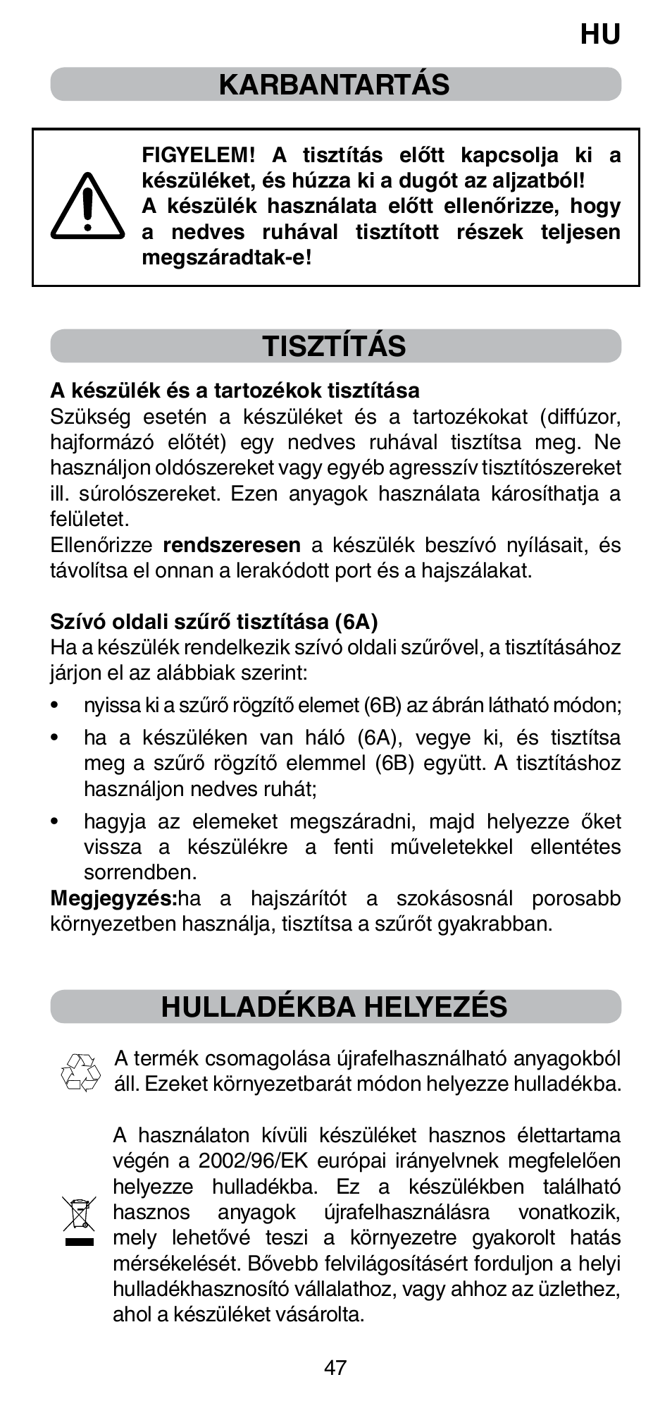 Hu karbantartás, Tisztítás, Hulladékba helyezés | Imetec BELLISSIMA PC5 2500 User Manual | Page 49 / 84