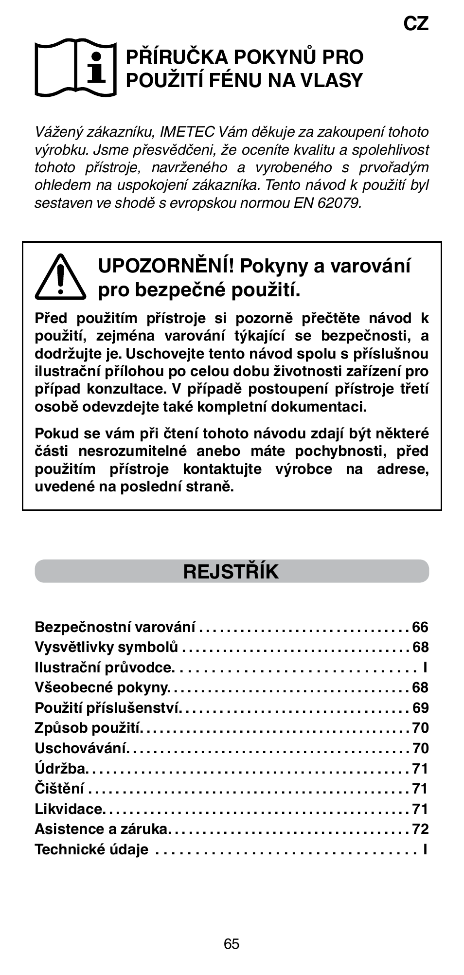 Příručka pokynů pro použití fénu na vlasy, Upozornění! pokyny a varování pro bezpečné použití, Rejstřík | Imetec BELLISSIMA PC5 2500 User Manual | Page 67 / 84